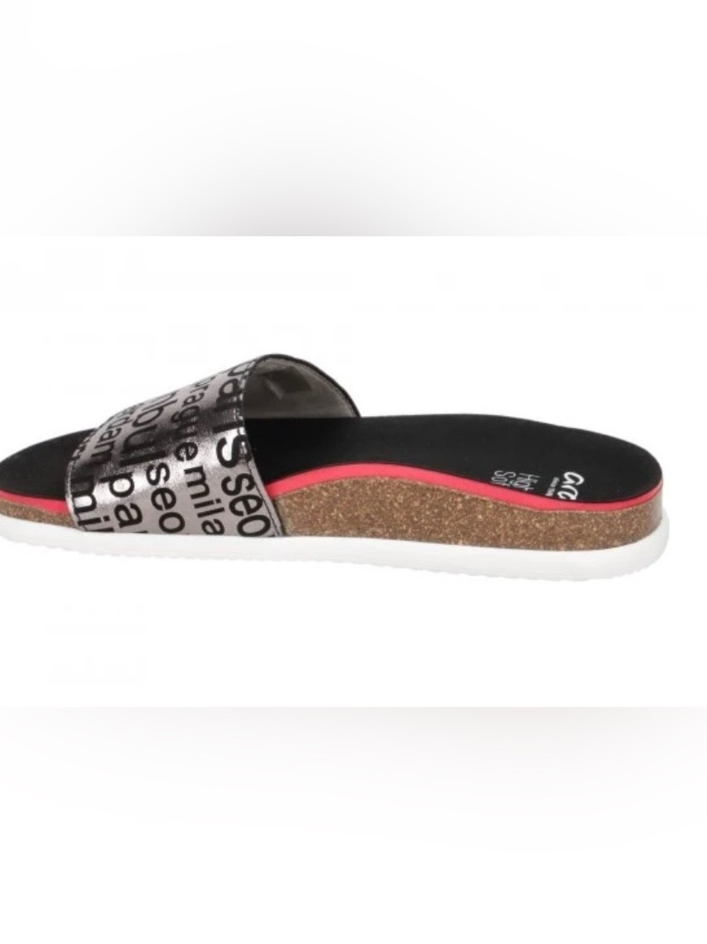 ARA Black Cork Slide Sandals with Silver Text-Print Strap